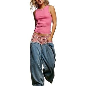 Pol. Pink Ribbed Tank Top with Two-Tone Low-Rise Jeans